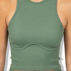 Green Crew Neck Cropped Tank Top with underwire detailing
